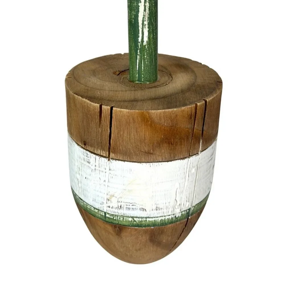 Nautical Wooden Hanging Buoy White Green Striped Rope Wall Decor 15 Inch
